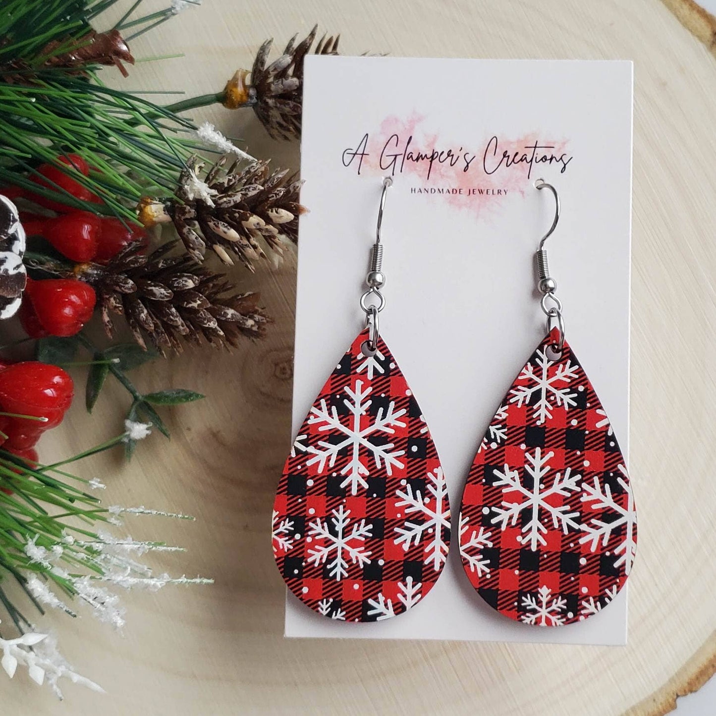 Red & Black Plaid with Snowflakes Wooden Teardrop Earrings