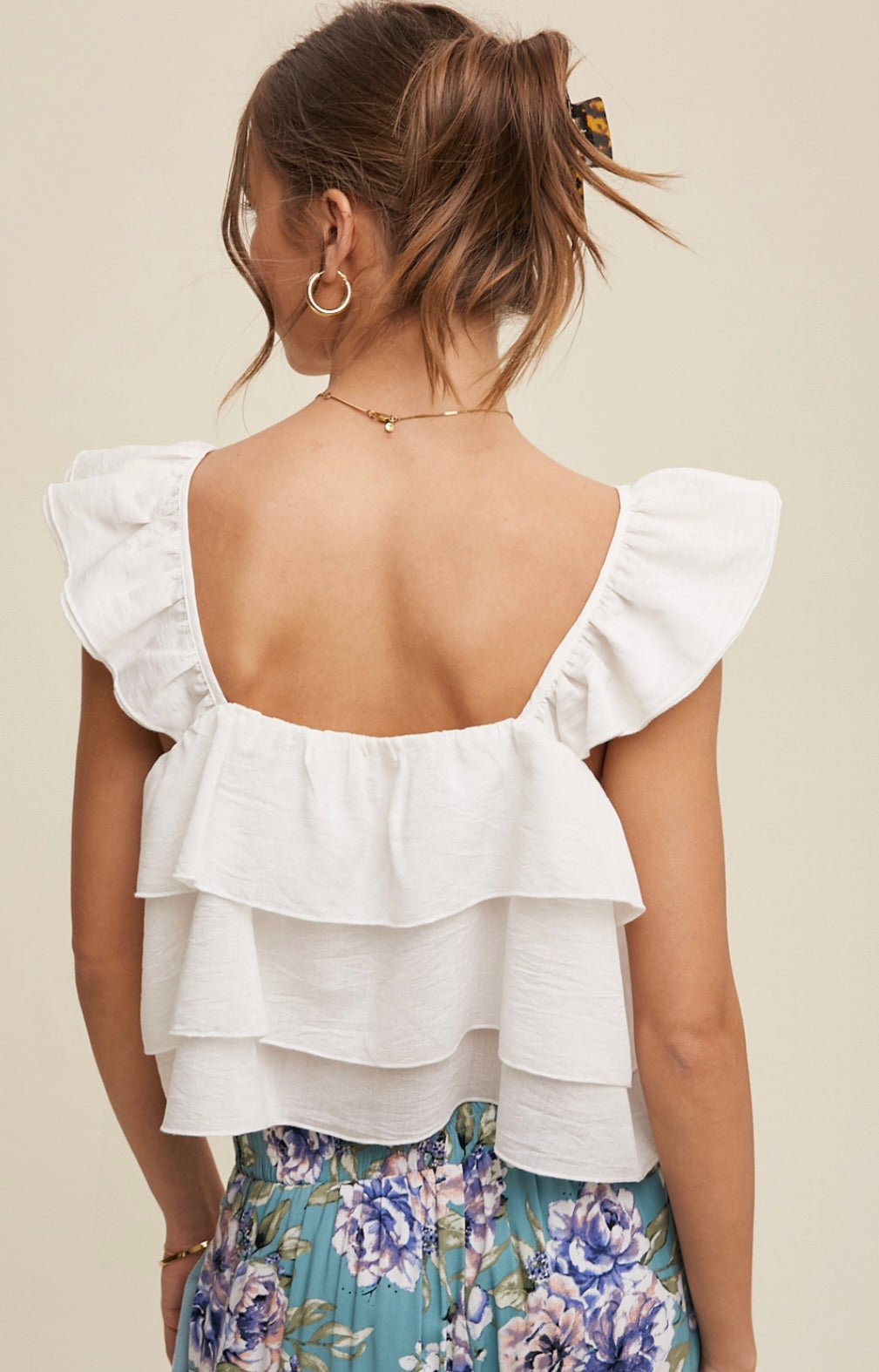 “Ellie” White Ruffled Square Neck Top