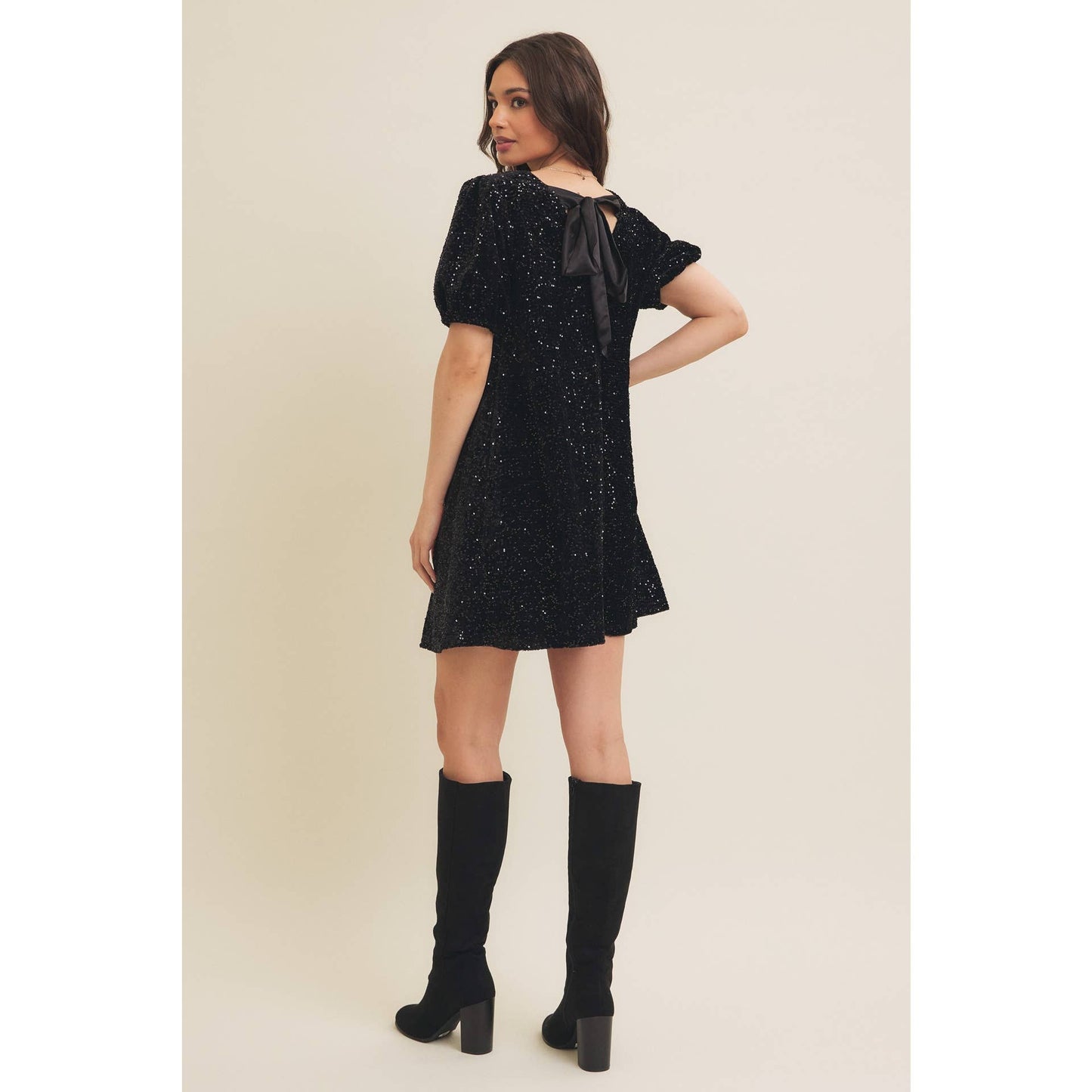 Sequin Velvet Mini Dress With Back Ribbon Tie