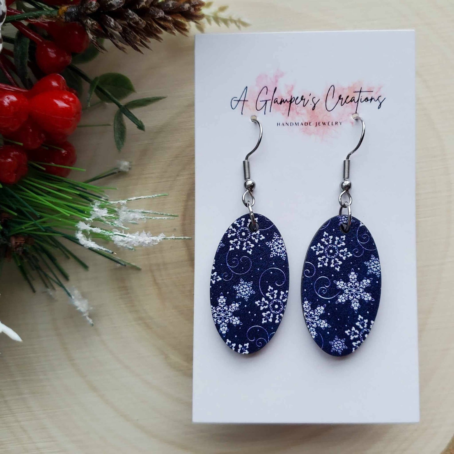 Navy Snowflake Wooden Oval Earrings