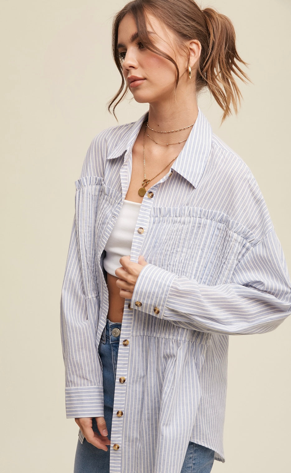 “Feelin Beachy” Pinstripe Button Up Shirt