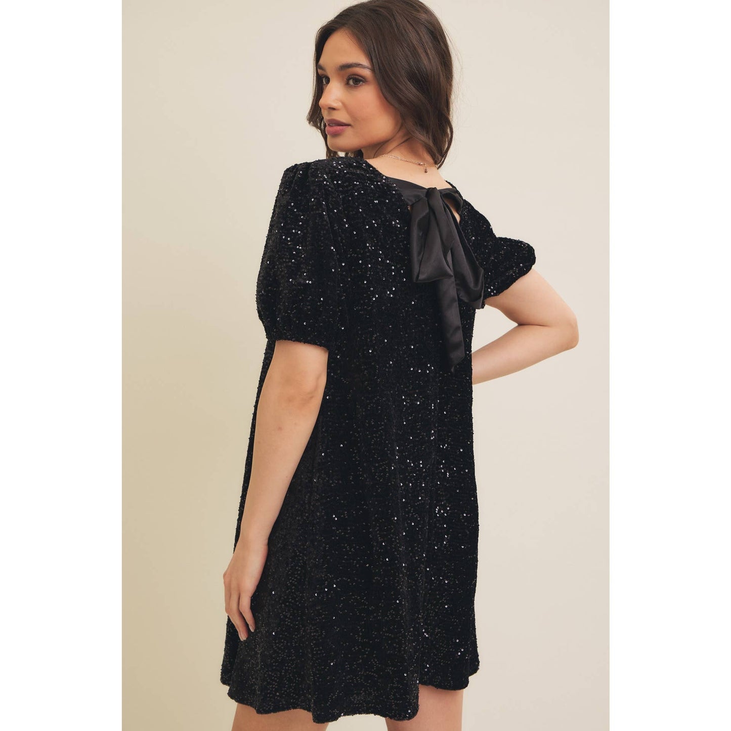 Sequin Velvet Mini Dress With Back Ribbon Tie