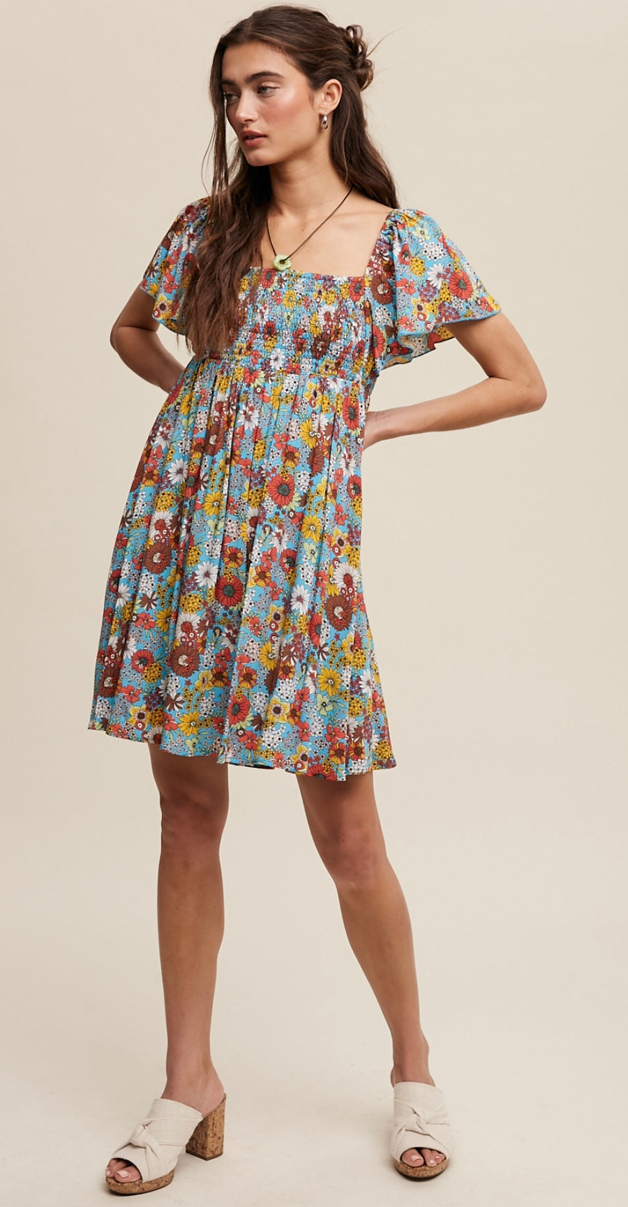 “Flower Child” Floral Print Smocked Tie Back Mini Dress