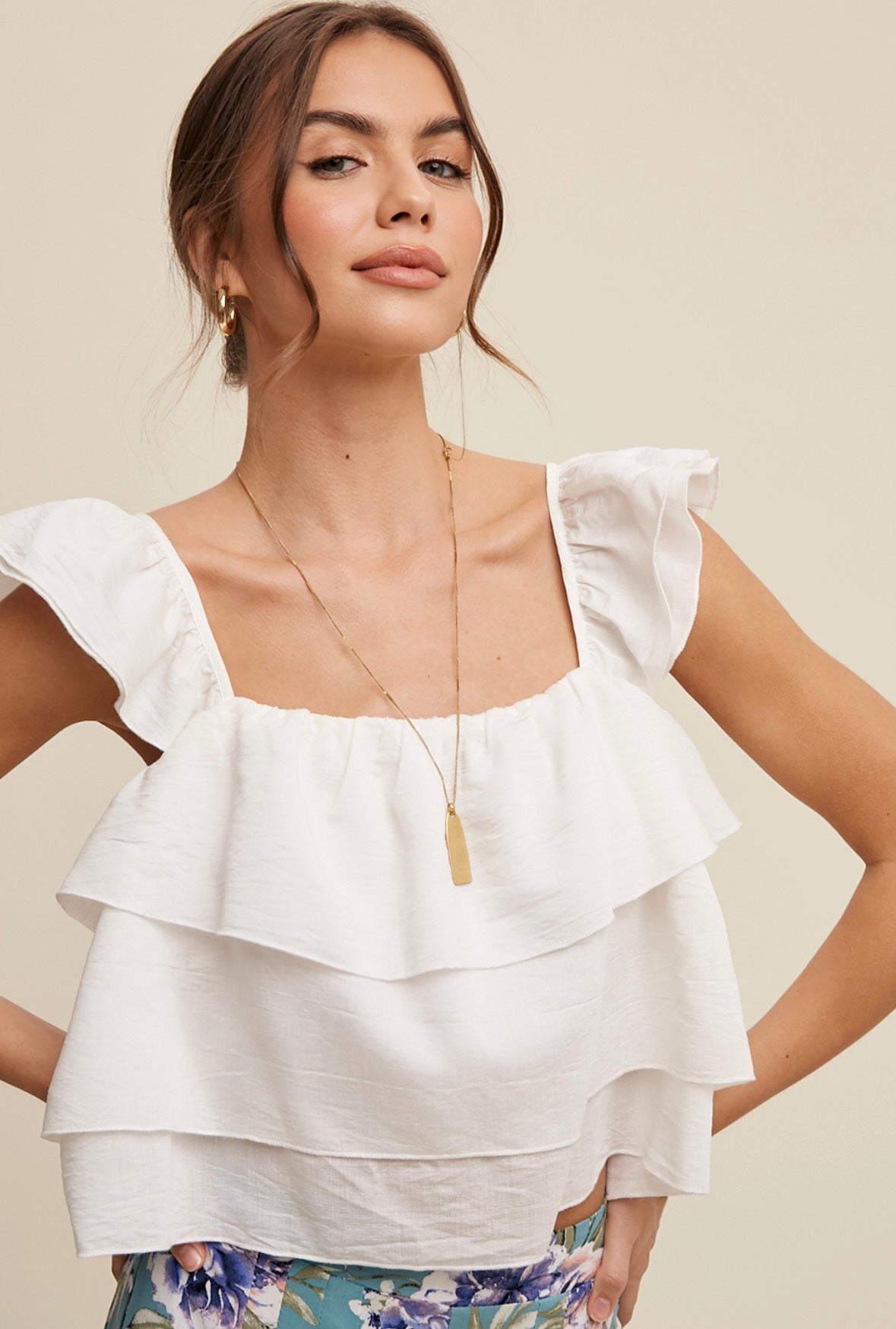 “Ellie” White Ruffled Square Neck Top