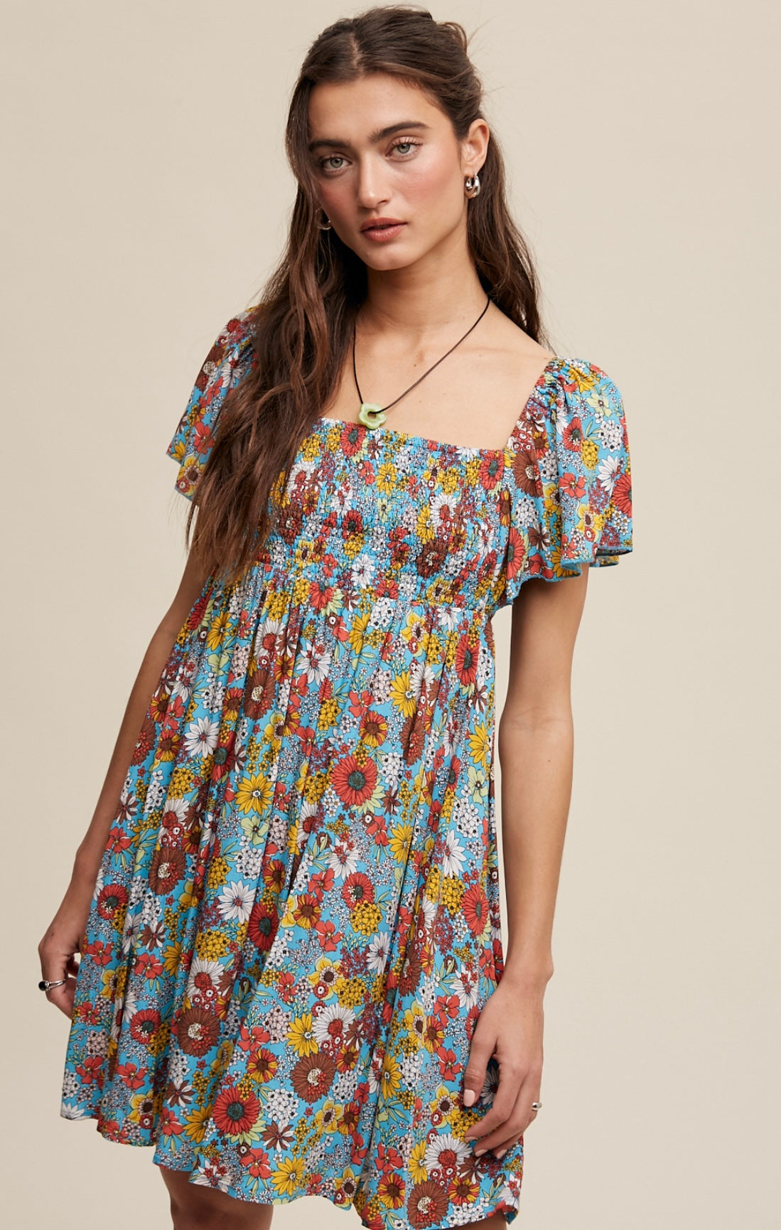 “Flower Child” Floral Print Smocked Tie Back Mini Dress