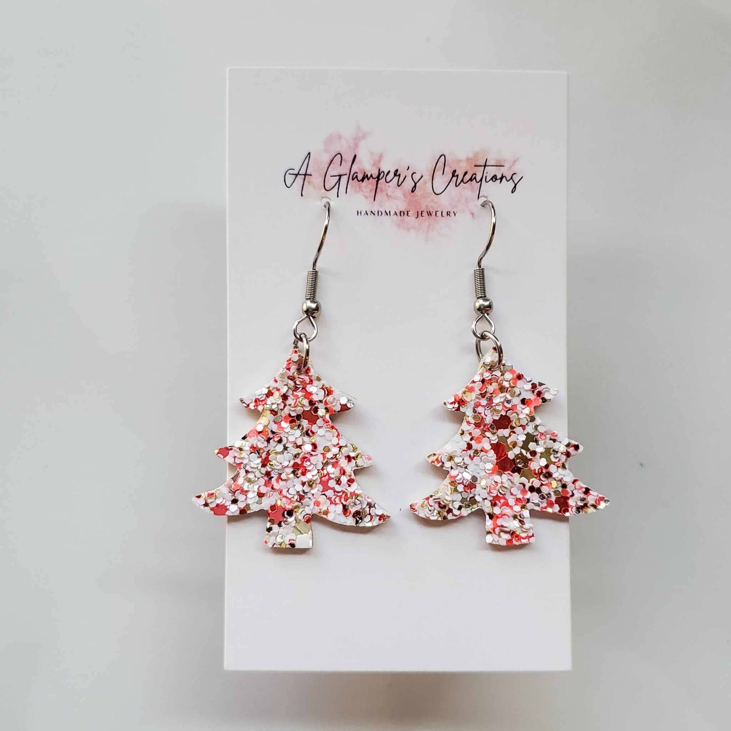 Christmas Tree Glitter Earrings - Red and White Glitter Mix