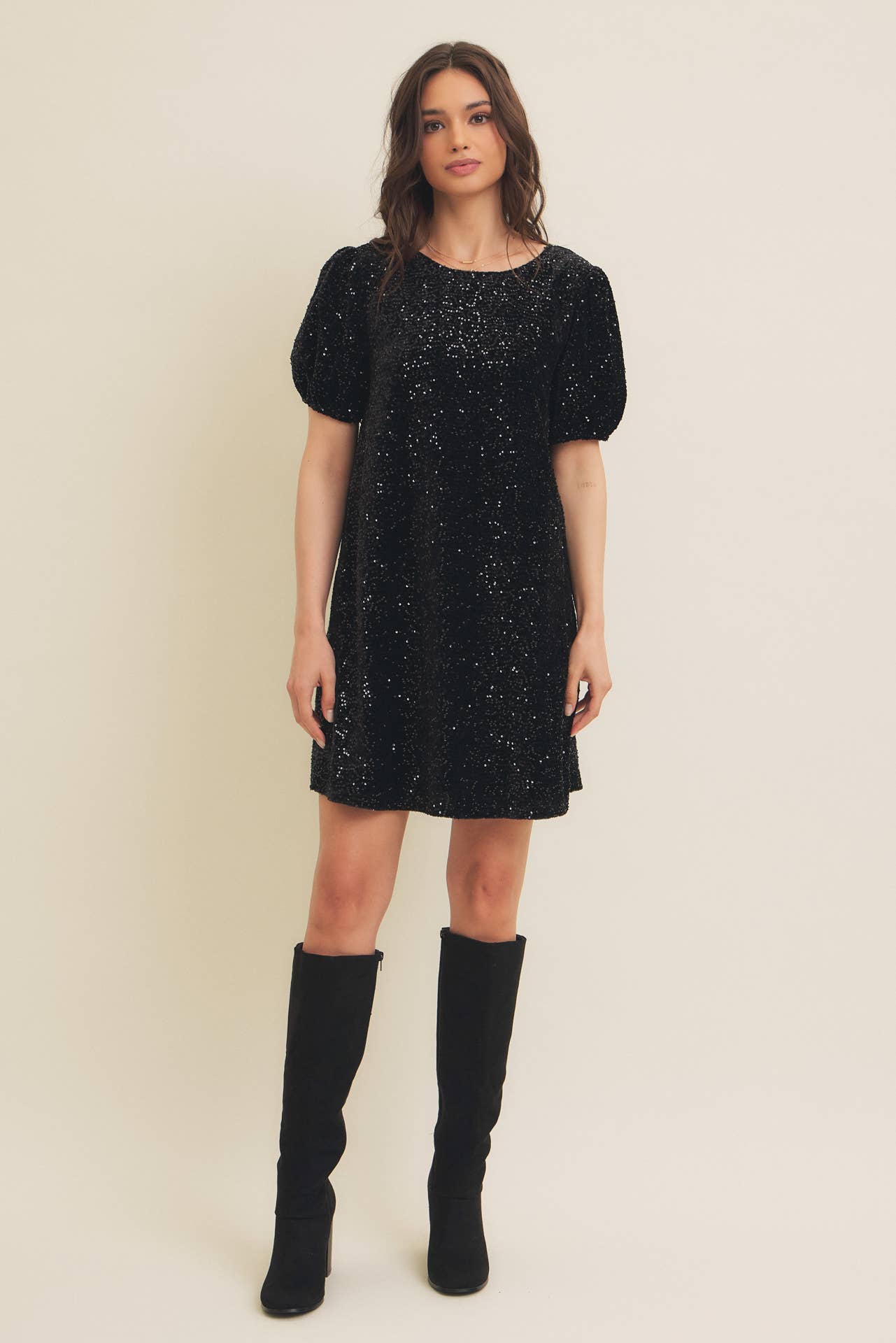 Sequin Velvet Mini Dress With Back Ribbon Tie