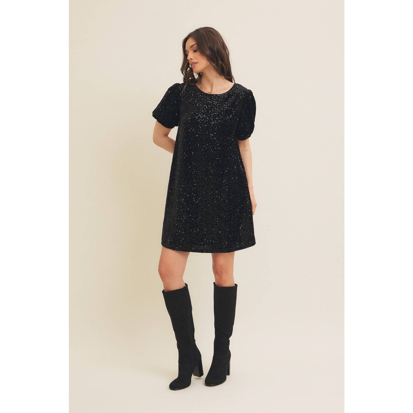 Sequin Velvet Mini Dress With Back Ribbon Tie