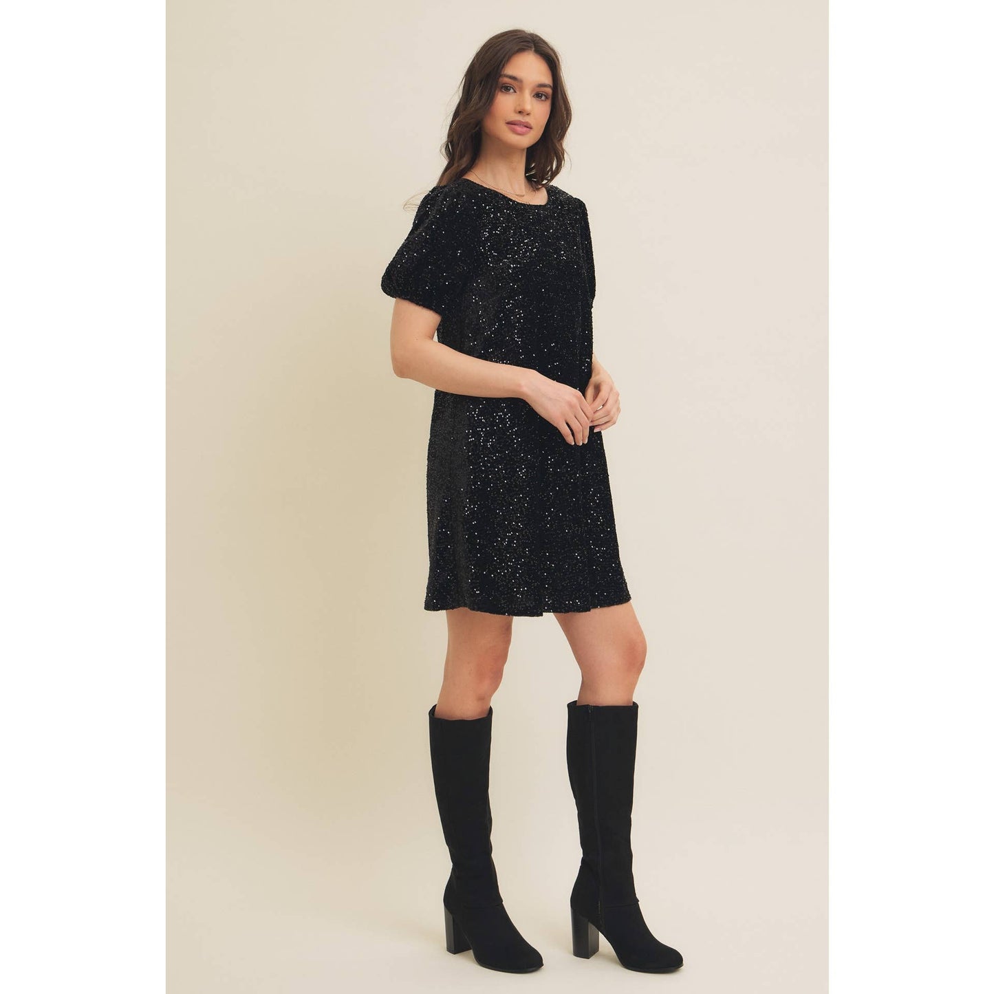 Sequin Velvet Mini Dress With Back Ribbon Tie