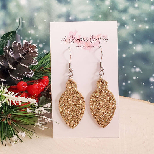 Gold Glitter Christmas Lightbulb Leather Earrings