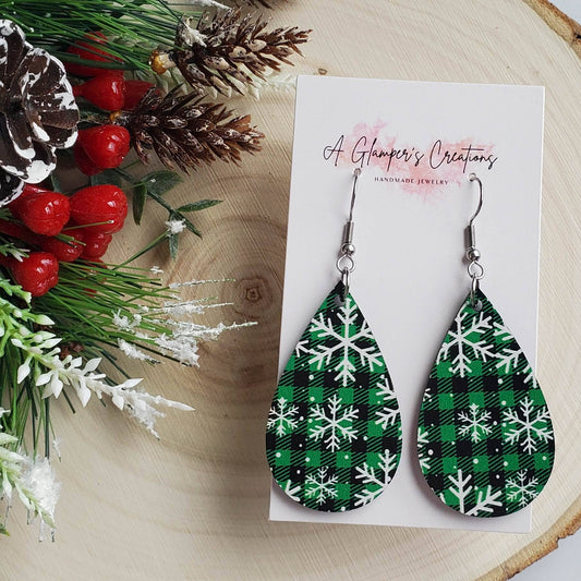 Green & Black Plaid with Snowflakes Wooden Teardrop Earrings