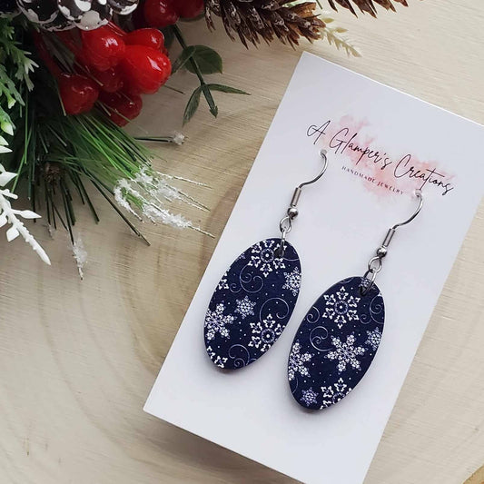 Navy Snowflake Wooden Oval Earrings