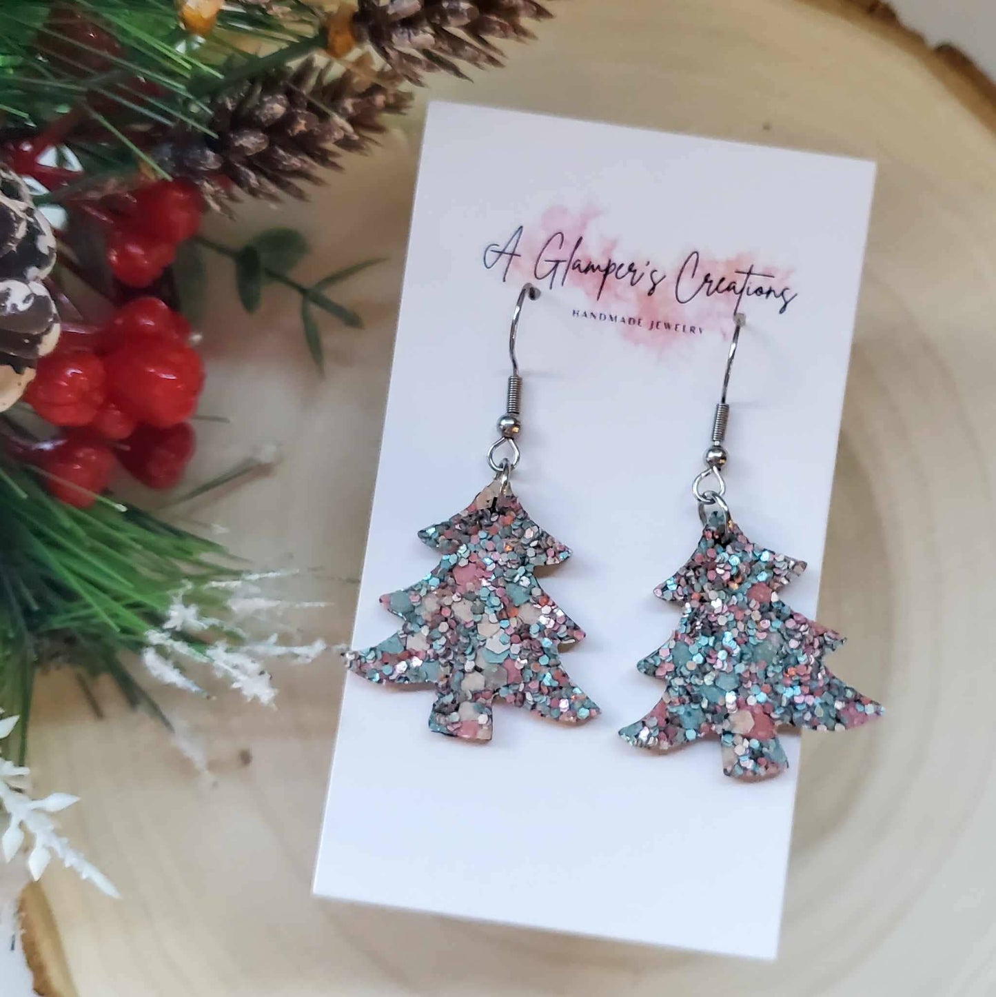 Christmas Tree Glitter Earrings - Blue & Pink Glitter Mix