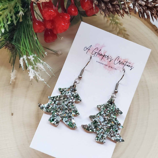 Christmas Tree Glitter Leather Earrings - Green Glitter Mix