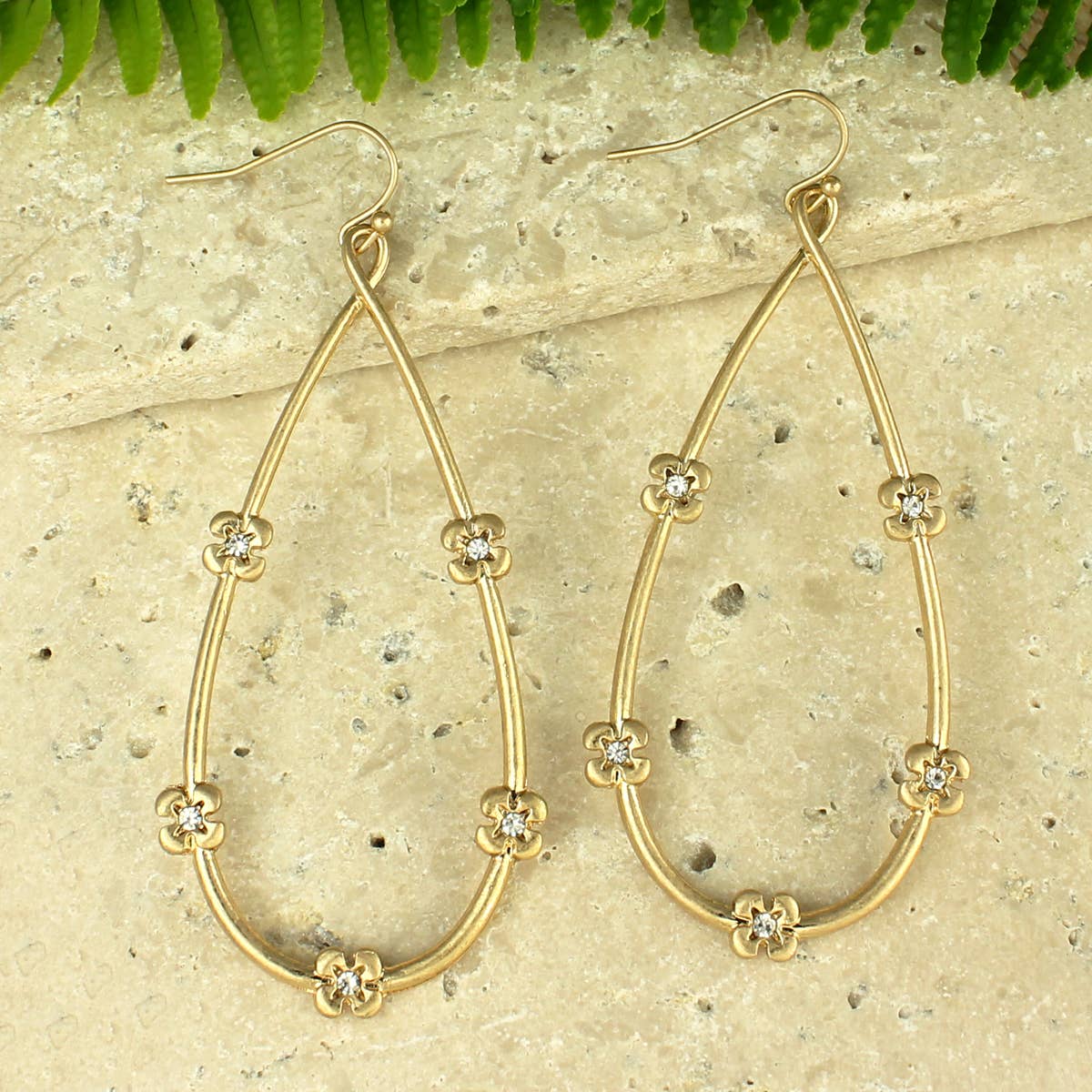 Crystal Flower Gold Teardrop Earrings