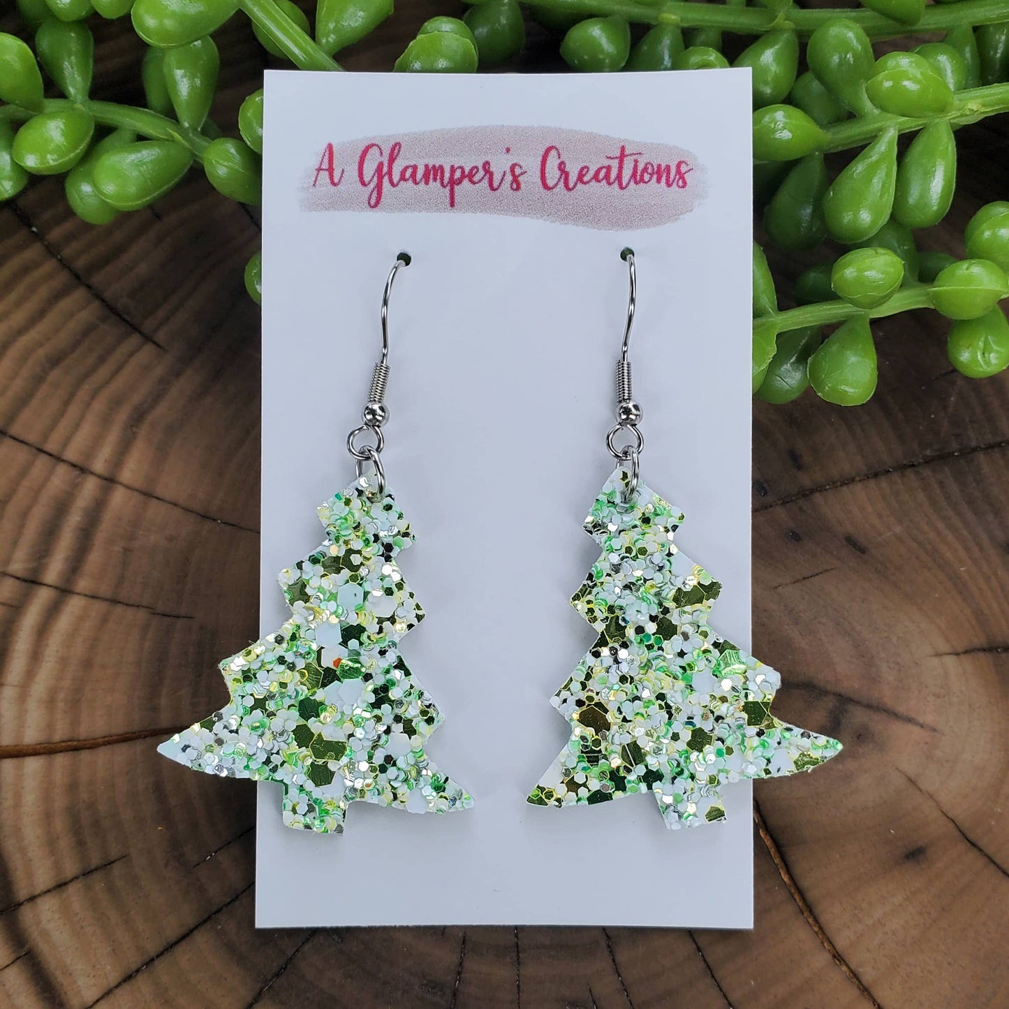 Green Glitter Mix Christmas Tree Leather Earrings