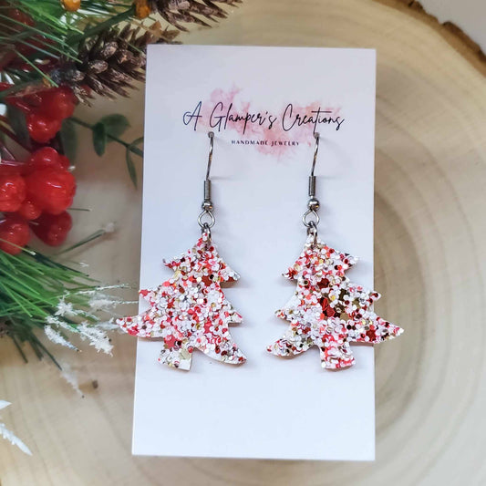 Christmas Tree Glitter Earrings - Red and White Glitter Mix