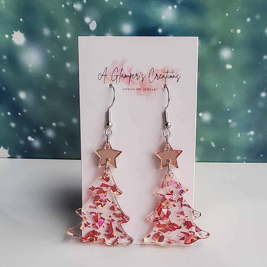 Christmas Tree Acrylic Earrings - Rosegold Flakes & Star