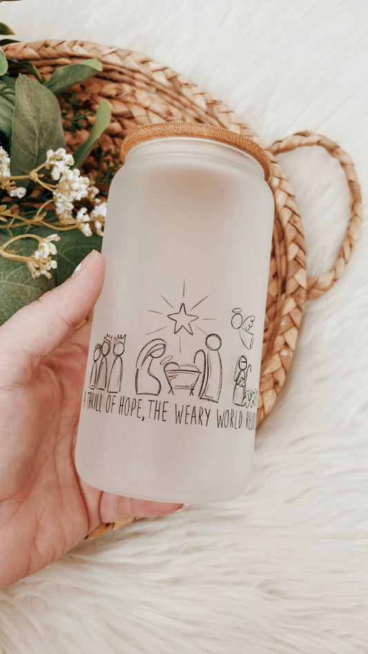 Christian Nativity 16 oz Glass Cup with Bamboo Lid: Frosted